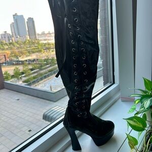 Pleaser Black Heeled Boots with Lace Detailing